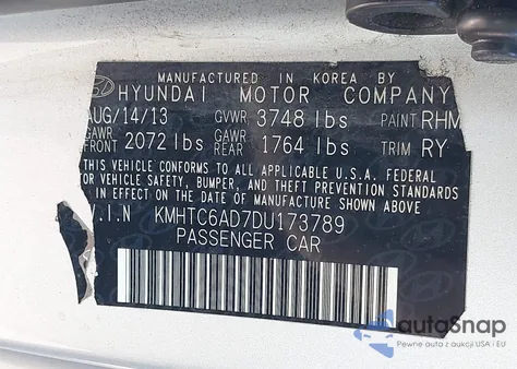 2013 Hyundai Veloster Base W/Black from USA, damaged, VIN KMHTC6AD7DU173789